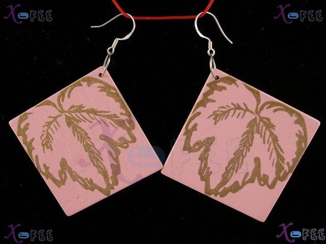 mteh00093 New Fashion Ladies Jewelry Pink Bohemia Wood 925 Sterling Silver Hook Earrings 1