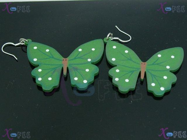 mteh00328 Hot! NEW Fashion Green BUTTERFLY Crafts Wooden 925 Stering Silver Hook Earrings 1