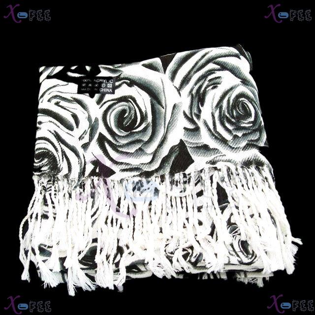 wjpj00545 NEW White Black Rose Flower Twill Weave Soft Quality Winter Wrap Scarf Shawl 3