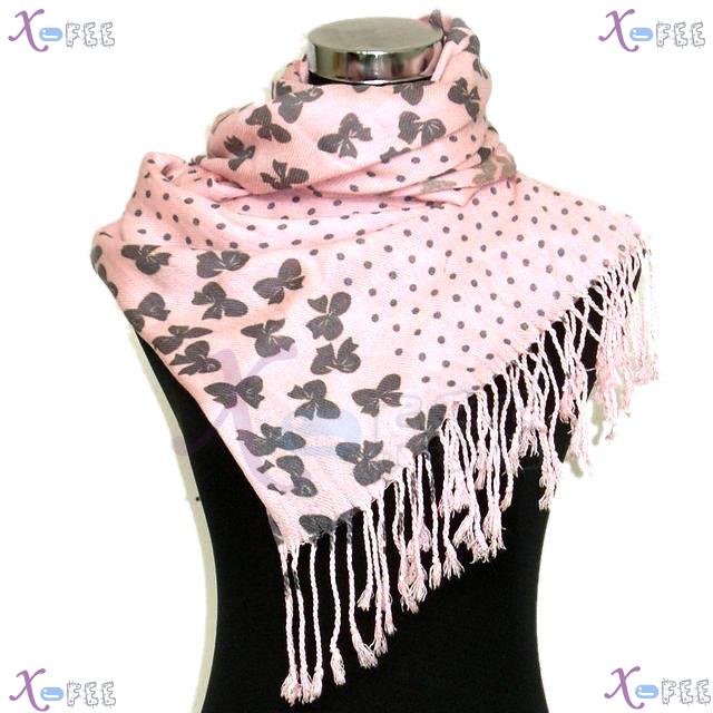 wjpj00550 Pink Dot Bowknot Woman Twill Weave High-Quality Winter Princess Wrap Scarf Shawl 1