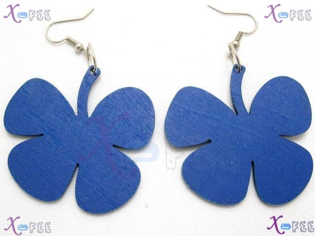mteh00015 New Bohemia Craftswork lady Wooden Blue Flower 925 Sterling Silver Hook Earrings 1