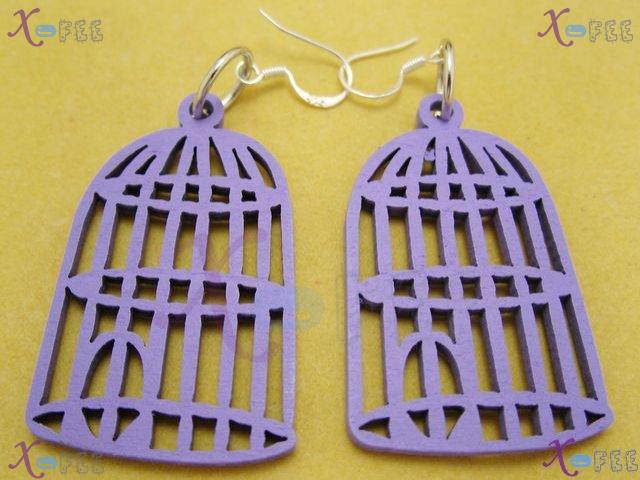 mteh00202 New Woman Jewelry Crafts Lavender Bird Cage Wooden 925 Sterling Silver Earrings 2