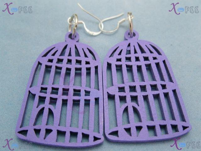 mteh00202 New Woman Jewelry Crafts Lavender Bird Cage Wooden 925 Sterling Silver Earrings 3