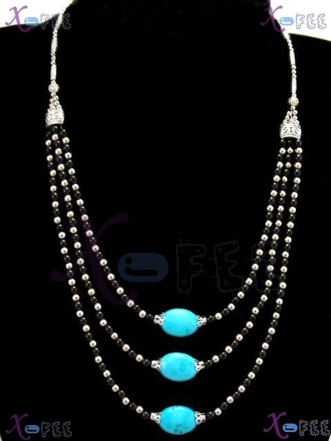 tsxl00704 3S Tibetan Jewelry Turquoise Black Onyx Beads Silver Flower CAP Tribal Necklace 1