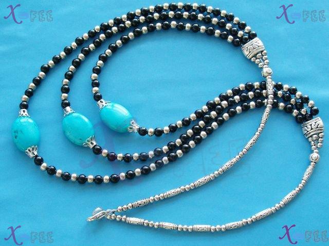 tsxl00704 3S Tibetan Jewelry Turquoise Black Onyx Beads Silver Flower CAP Tribal Necklace 2