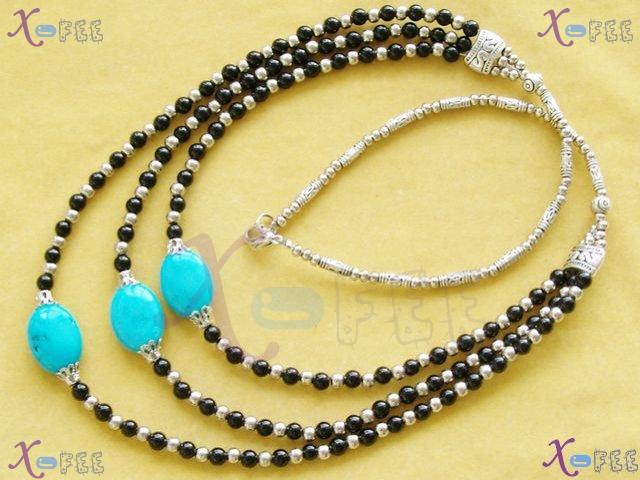 tsxl00704 3S Tibetan Jewelry Turquoise Black Onyx Beads Silver Flower CAP Tribal Necklace 4